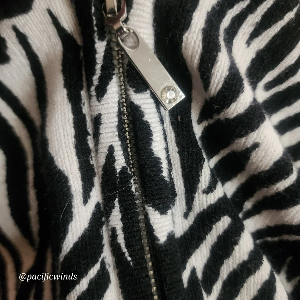 BOSTON PROPER ZIP FRONT ZEBRA BLOCK PRINT SWEATER SIZE 0 BLACK & BONE  ☆ - Picture 8 of 13